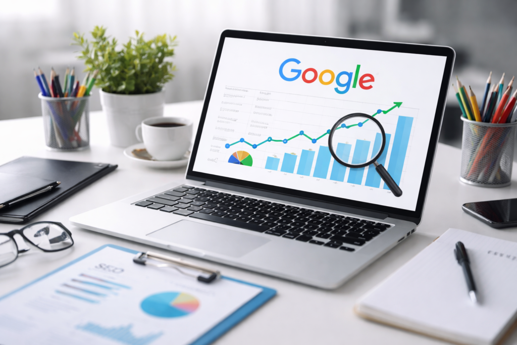 Laptop showing Google search ranking growth with SEO analytics dashboard on a clean workspace